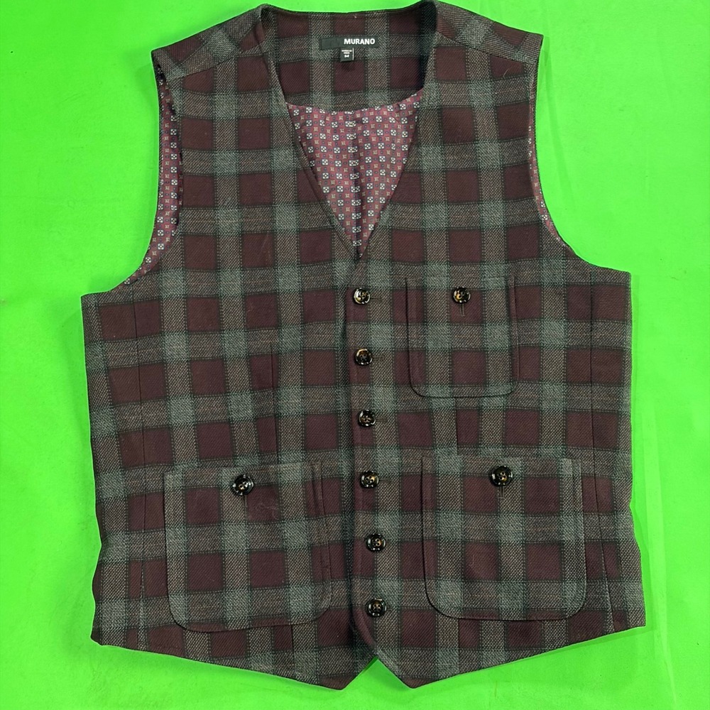 Murano Double Breasted Plaid Vest Mens M 40R Burgundy Tailored Stretch Waistcoat
